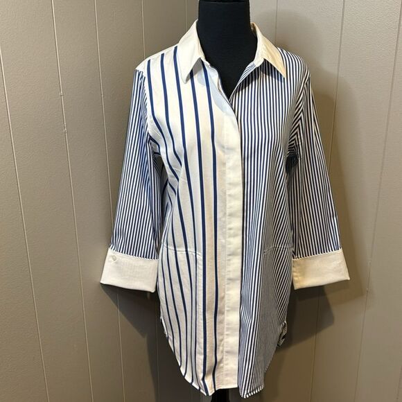 Chico’s blue/white stripe no-iron button front long tunic. 3/4 cuffed sleeves. - Picture 2 of 9